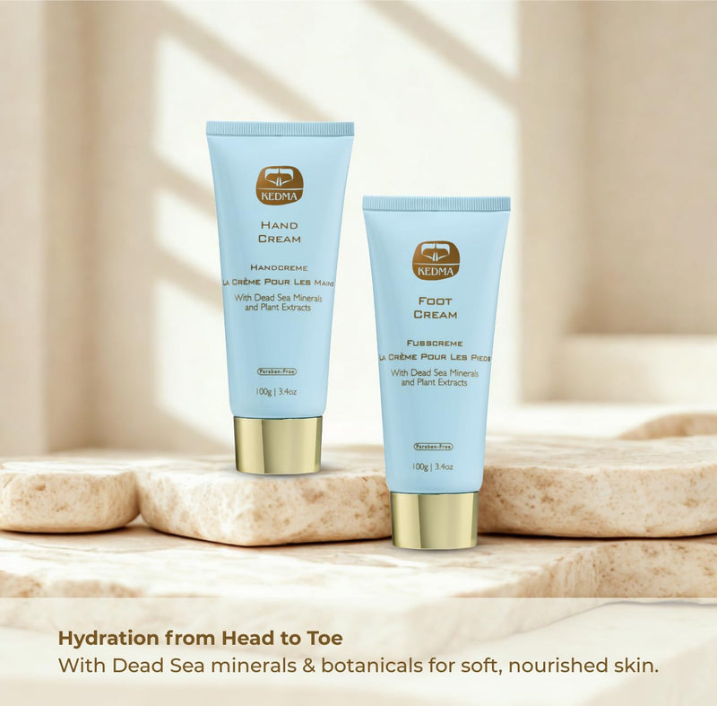 [Australia] - KEDMA Hand & Foot Cream Set – Daily Moisturizing Creams with Dead Sea Minerals, Aloe Vera & Olive Oil – Nourishing Skincare for Dry, Cracked Hands and Feet | 3.4 Oz each / 100g 