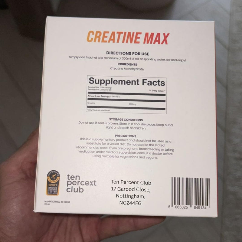 Creatine Monohydrate Powder Sachets (28 Sachets) - Pure Creatine Powder for Strength, Muscle and Recovery - 5g Per Serving by Ten Percent Club