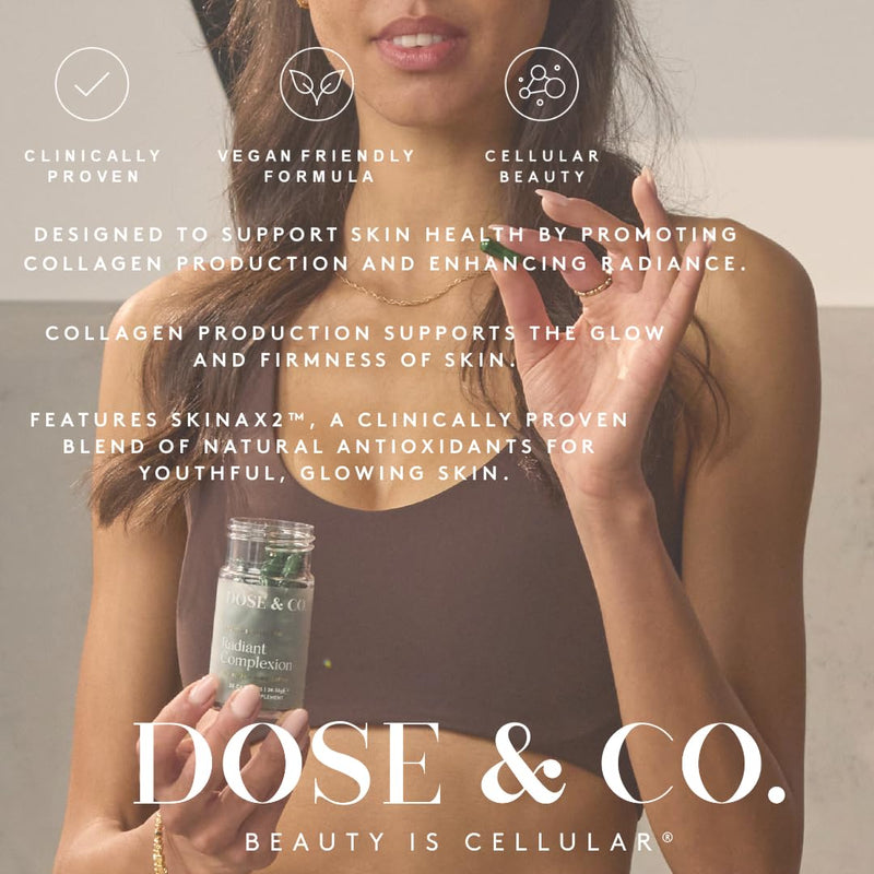 Dose & Co Radiant Complexion Capsules – 30 Capsules | Hyaluronic Acid + SkinAx2™, Vitamins & Zinc | Supports Skin Radiance, Hydration & Elasticity | Vegan, Gluten-Free Daily Skin Supplement
