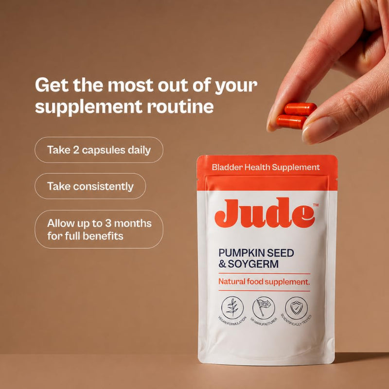 Jude Bladder Health Tablets Pouch As Seen On Dragons' Den, Science-Backed Supplement, Nourish Your Pelvic Floor, Made in UK, Vegan & Gluten Free, Pumpkin Seed Extract & Soy Germ Extract, 60 Capsules 60 count (Pack of 1)