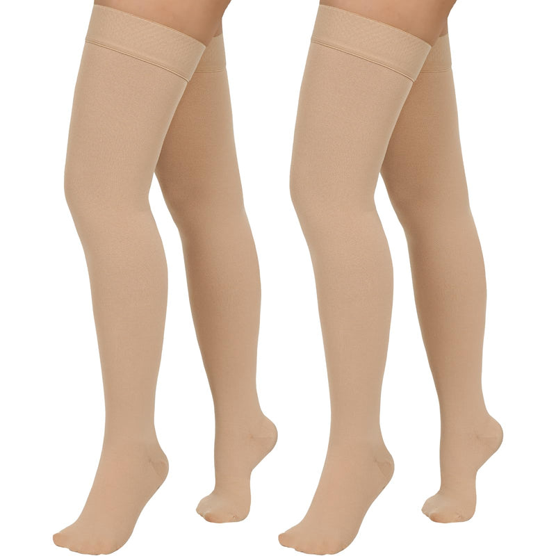 2 Pairs Compression Stockings for Women & Men, 20-30mmHg Thigh High Compression Socks, Medical Compression Socks with Silicone Dot Band--Best Support for Nursing Sports Varicose Veins Closed Toe--beige Large