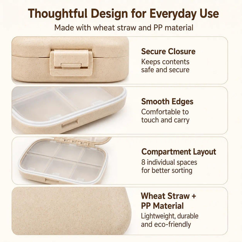 Travel Pill Organizer, 8-Compartment Portable Pill Case for Vitamins and Supplements, Compact Pill Box for Pocket and Purse, Beige