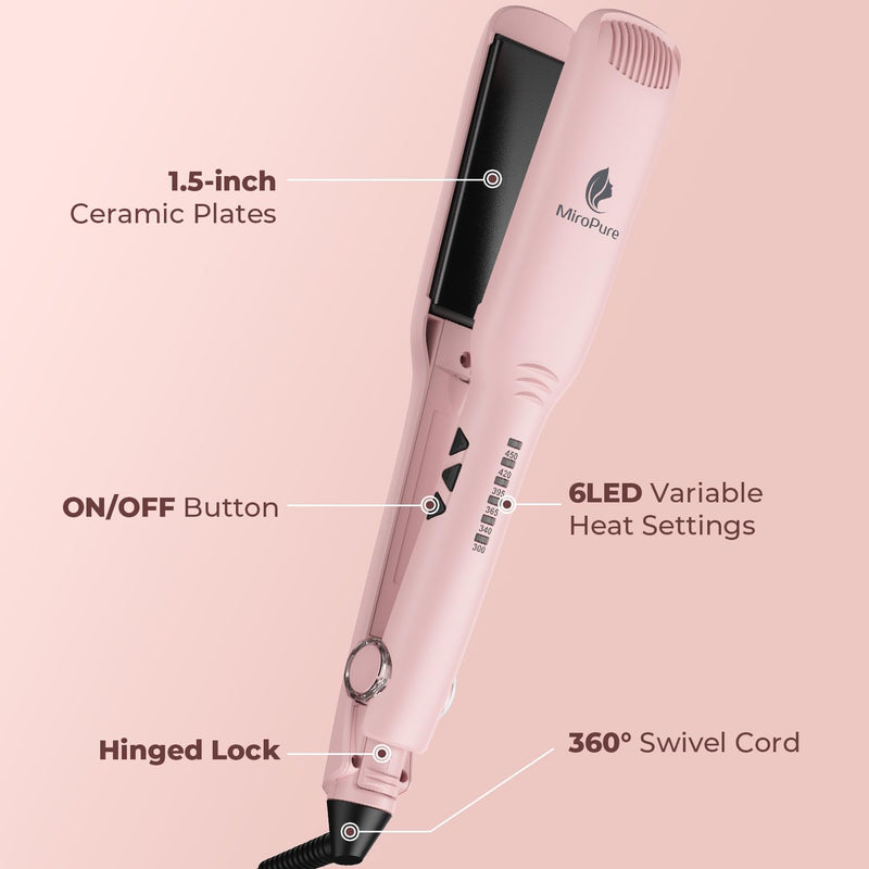[Australia] - MiroPure 1.5 Inch Flat Iron, Hair Straightener with 30S Fast Heating & 60min Auto Shut-Off, Hair Straightener and Curler 2 in 1 with 3D Ceramic Floating Plates, Pink 