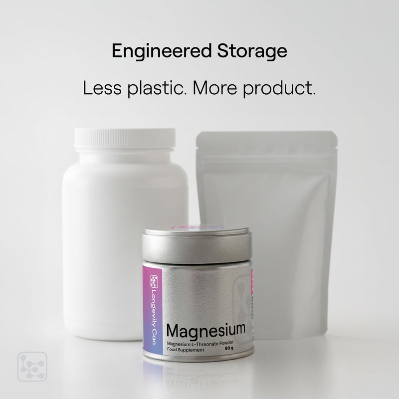 Magnesium L-Threonate Powder 50g | Pure Magnesium L-Threonate | 1500mg (3 Scoops) | ~33 Servings | Unflavoured | Vegan | Additive-Free | Third-Party Tested | Metal Tin