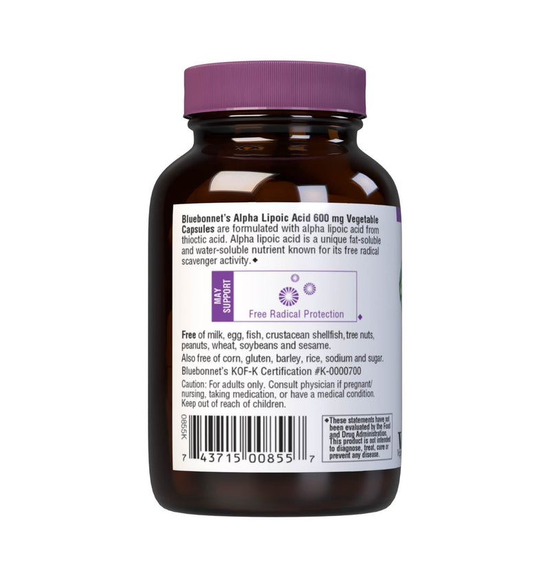 [Australia] - BlueBonnet Alpha Lipoic Acid 600mg - Powerful Antioxidant Nerve Support Supplement for Women & Men - Non-GMO, Vegan, Kosher - Gluten-Free, Soy-Free, Dairy-Free - 60 Vegetable Capsules 30 Count (Pack of 1) 