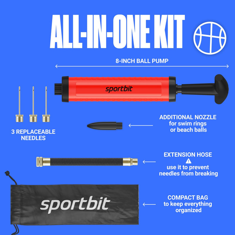 [Australia] - SPORTBIT Ball Pump with 3 Needles, Nozzle, Extension Hose, Pouch - Great Air Pump for Exercise Sport Balls - Football & Soccer, Basketball, Volleyball Pump, Swim Inflatables Red 