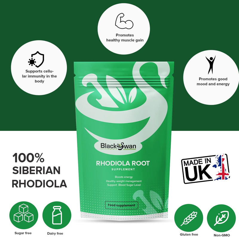 Black Swan Rhodiola Root Capsules - 1000mg Enhanced Energy Level Immune System Support Weight Management Muscle Support Natural Vegan Supplement - 120 Capsules 4 Month Supply