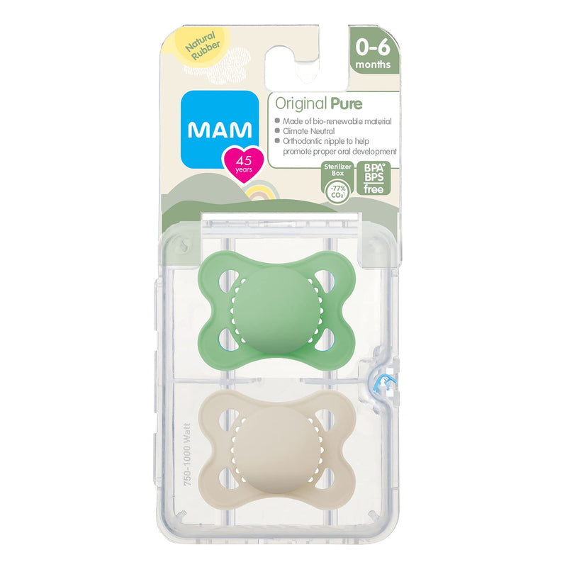[Australia] - MAM Original Latex Pacifiers, Binky Pacifier for 0-6 Months, Natural Rubber Nipple, Made from Bio-Circular Materials, Easy to Clean, with Sterilizer Case, 2 Count Binkies Unisex 0-6 Month 