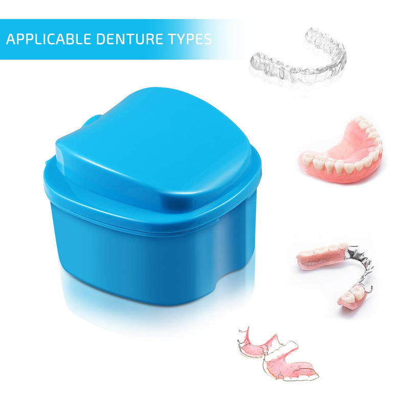 Denture Case Denture Bath Box Case Dental Orthodontic Retainer False Teeth Storage Case Box with Strainer denture cups for soaking dentures (Blue) Blue