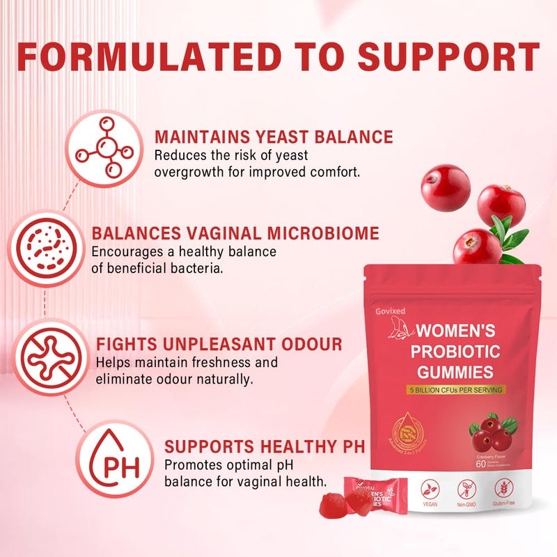 Women's Probiotic Gummies, Premium Feminine PH Balance Gummy, 5 Billion CFUs, Cranberry Flavour, Sugar-Free, Vegan, 60 Count