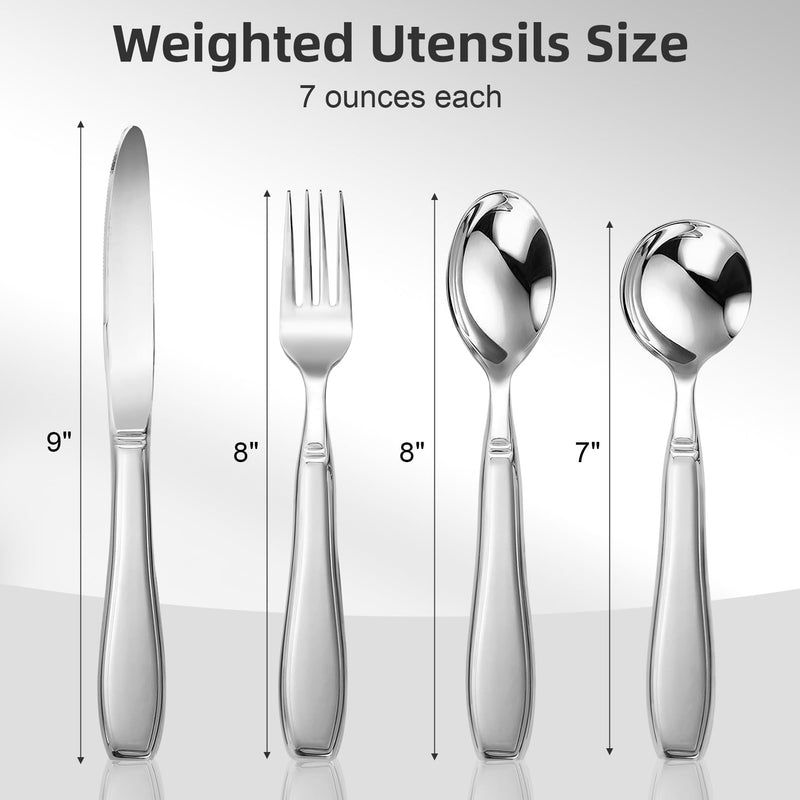 [Australia] - Weighted Utensils for Hand Tremors and Parkinson's Patients - 4 Piece Set of Heavy Stainless Steel Silverware for Elderly, Arthritis, Weak Hand Grip - Includes Knife,Fork,Spoons with Travel Bag,7 Oz 