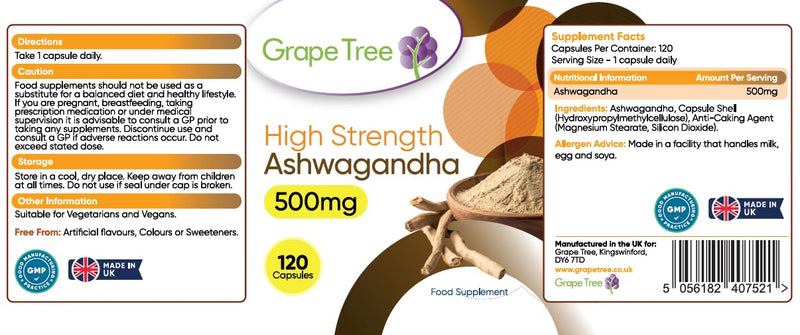 Grape Tree Ashwagandha 500mg 120 Capsules High Strength Ashwagandha Supplement Easy Daily Capsules for Men & Women UK Manufactured Food Supplement