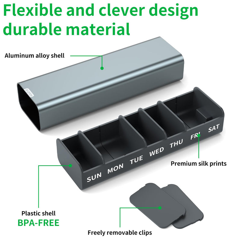Metal Weekly Pill Organizer 7 Day,Removable Comparments Daily Pill Box, Travel Pill Case, Large Capacity Cute Pill Holder to Hold Vitamins, Medicines, Supplements, Pills Organizer