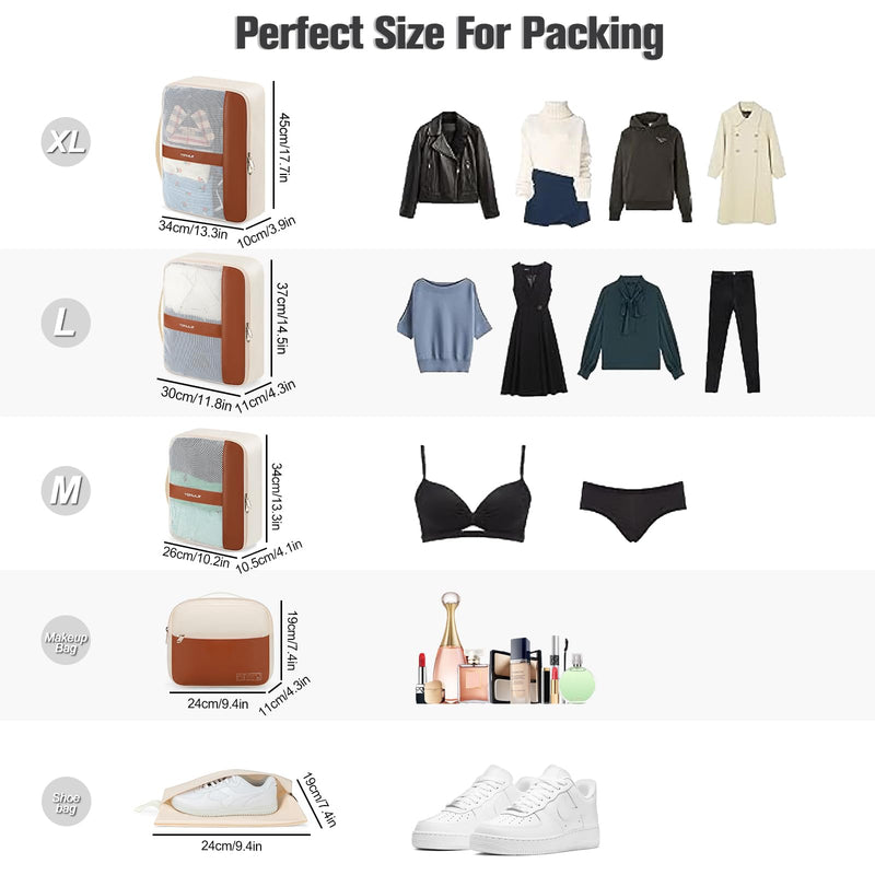 Structured PU Leather Mesh Packing Cubes with Metal Zippers, Breathable Travel Organizer Bags to Separate Dirty Shoes and Prevent Collapsing, Vacation Essentials, 6 Piece Set Fits 20-28 in Suitcases