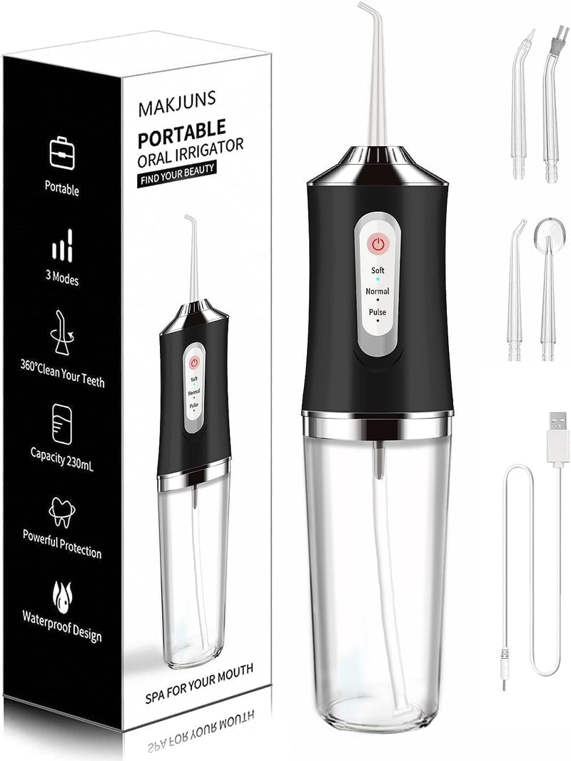 [Australia] - Water-Flosser-Cordless-Teeth-Cleaner Water Dental Flosser with 3 Modes 4 Jets Rechargeable IPX7 Waterproof for Travel Home Braces(Black) Black 