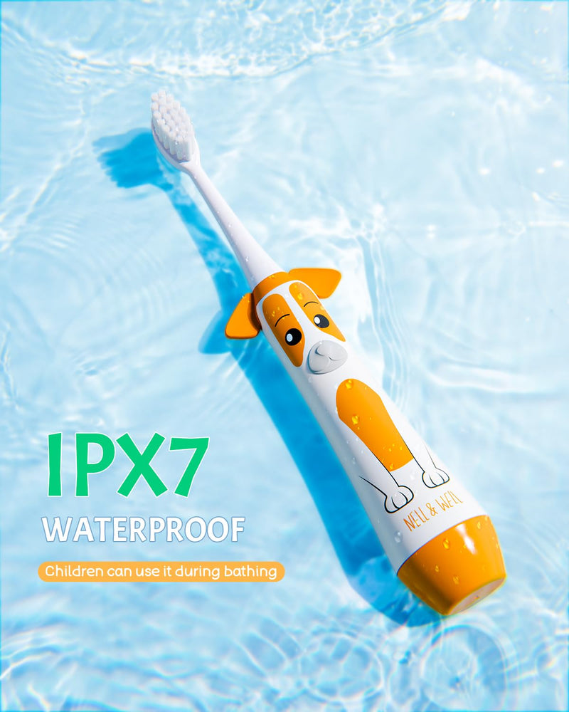 [Australia] - NELL&WELL [UPGRADE] Kids Electric Toothbrush with 2mins Brushing Timer, Battery Powered Toothbrushes with 3 Soft Bristles Heads for Children Boys and Girls Ages 3+, IPX7 Waterproof, BPA Free (Yellow) Yellow Dog 