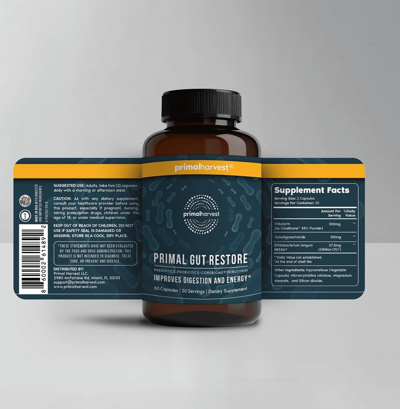 [Australia] - Primal Harvest Restore for Gut Health, Primal Gut Restore w/POSTbiotics, PREbiotics and PRObiotics for Women and Men, 60 CT - Digestion, Colon Cleanse, Immunity Support - Helps Leaky Gut Repair 60 Count (Pack of 1) 