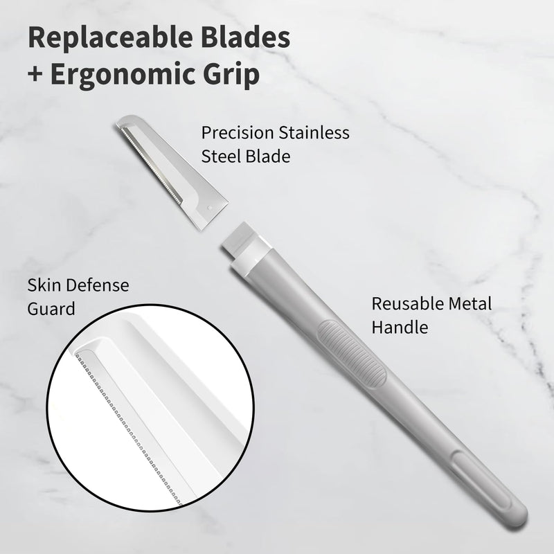 Dermaplane Razor for Women Face, Precision Face Razors for Women, Dermaplaning Tool, Gentle Exfoliation, Perfectly Shape Brows, Reusable Metal Handle with 8 Microblades,Gray Gray with 8 Refills