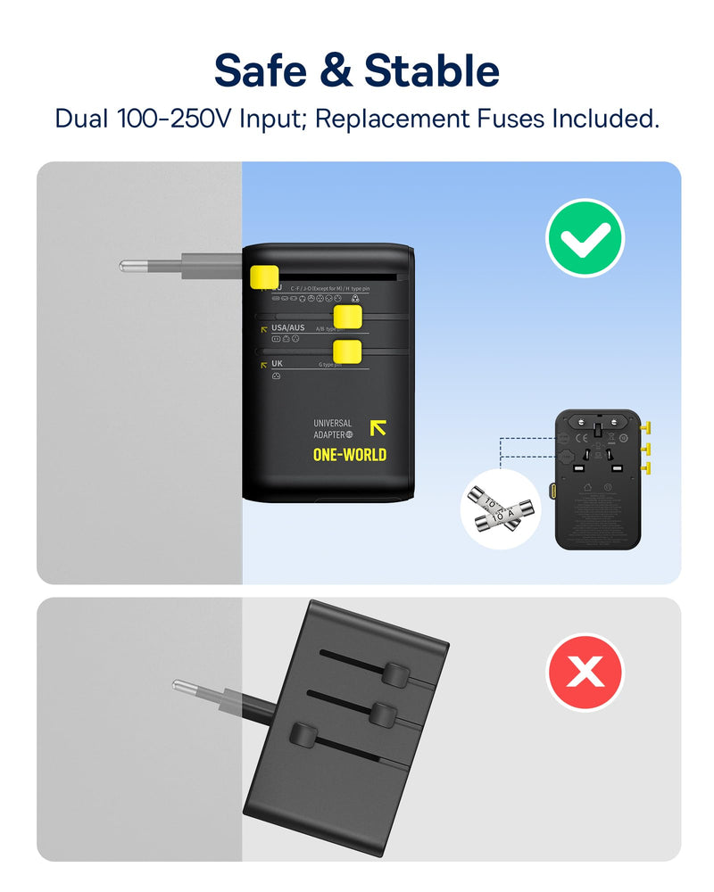 Baseus 70W Universal Travel Adapter, 6-in-1 International Plug Adapter | Worldwide Wall Charger with Retractable Cable, USB-C Fast Charging for USA/EU/UK/AUS and Over 200 Countries - Enercore CG11 Black