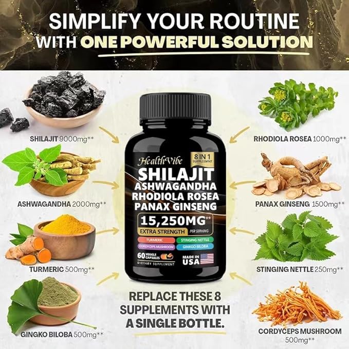 [Australia] - Shilajit 9000 Panax Ginseng 1500MG Ashwagandha 2000MG Rhodiola Rosea 1000MG, Turmeric 500MG, Gingko Biloba 500MG, Stinging Nettle 250MG, Cordyceps Mushroom 500MG (60 Caps) 60 Count (Pack of 1) 