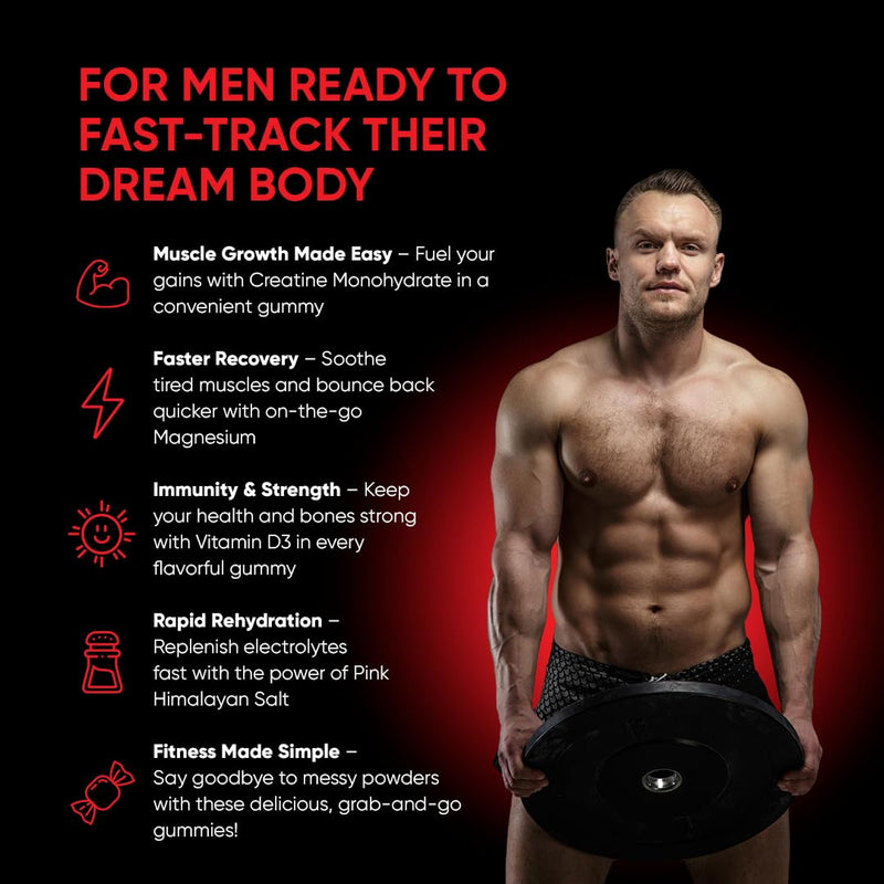 Creatine Gummies - Muscle Growth & Recovery Supplements - Max Strength - Sugar Free - Chewable Creatine Monohydrate with Electrolytes, Magnesium & Vitamin D3-60 Gummies