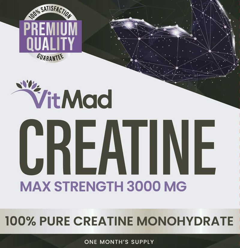 Pure Creatine Monohydrate Powder Capsules 3000mg - 120-200 Micronised Mesh - 1 Month Supply 4 per Serving Vegan Friendly