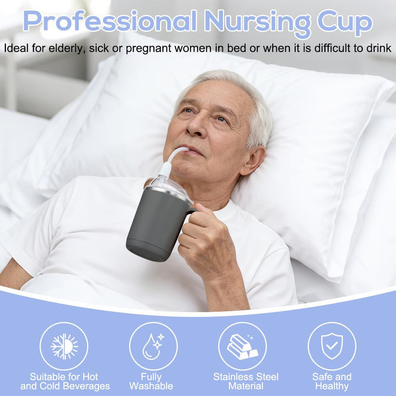 Beakers for Elderly 450ml, SGZIOO 3 in 1 Sippy Cup for Adults, Non Spill Cups for Elderly, Adult Sippy Cups for The Elderly Non Spill, with Lid, Straw, Brush, Aids for the Disabled Daily Living (Gray) Gray