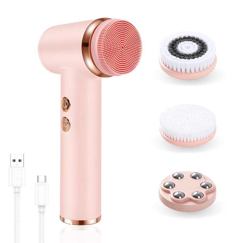 4 in 1 Facial Cleansing Brush, Multi-Function Electrical Face Wash Brush with 5 Speed Adjustable, IPX6 Waterproof Portable Face Scrubber for Deep Cleansing and Exfoliating Pink