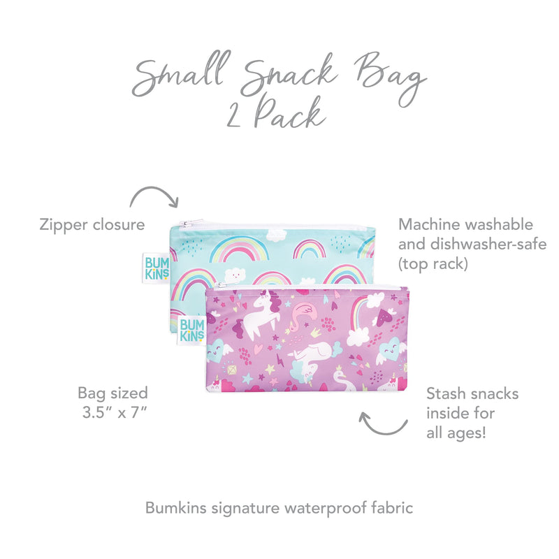 [Australia] - Bumkins Reusable Snack Bags, for Kids School Lunch and for Adults Portion, Washable Fabric, Waterproof Cloth Zip Bag, Supplies Travel Pouch, Food-Safe, 2-pk Unicorns and Rainbows G2 Unicorns & Rainbows-Sm Snack Bag 2-pk 