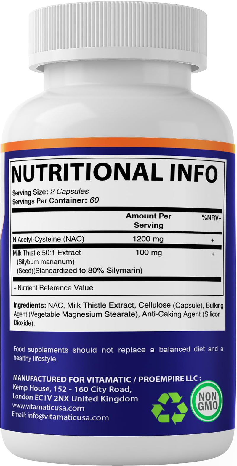 Vitamatic NAC Supplement N-Acetyl-L-Cysteine (NAC) with Milk Thistle 50:1 Extract - Supports Immune, Respiratory, Liver Health, 1200 mg per Serving, 120 Veg Capsules