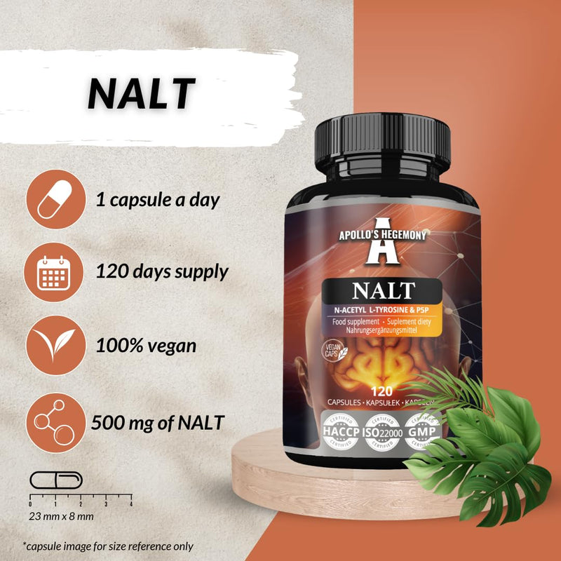N-Acetyl-L-Tyrosine (NALT) 500mg and Active Vitamin B6 (P-5-P) 2mg - 120 Capsules - 4 Months Supply - High Strength Amino Acid Supplement - Cognitive Booster - by Apollo's Hegemony