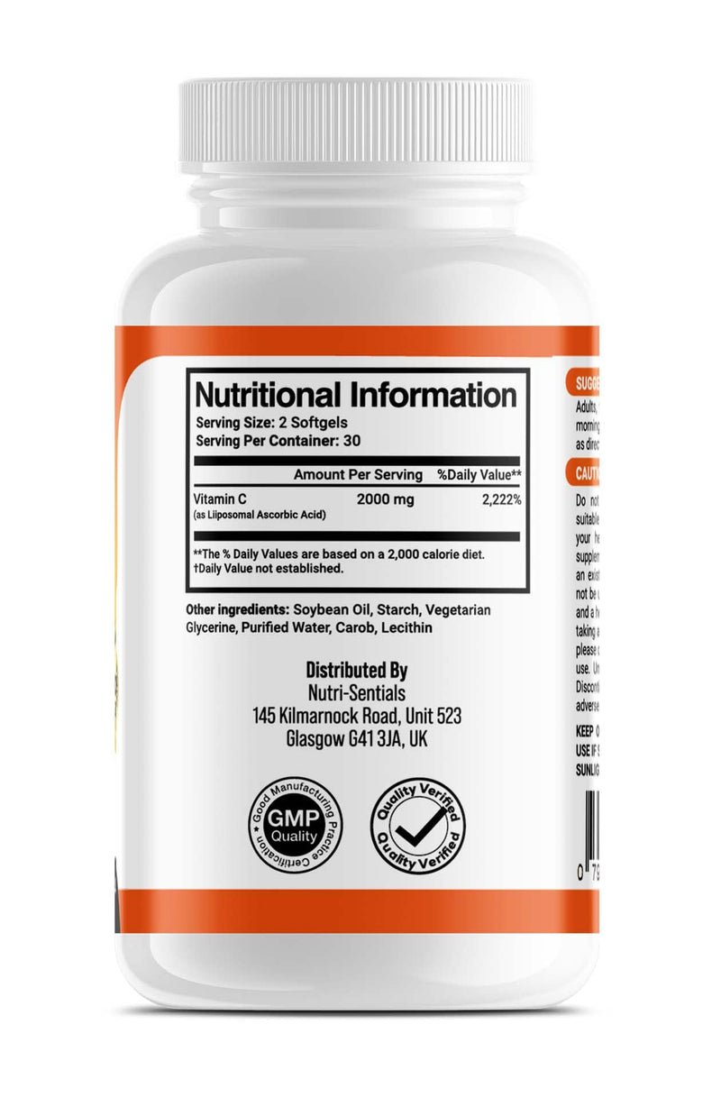 Liposomal Vitamin C Capsules - 2000mg Pure Extra High Strength Formulation | 60 Soft Gels | Pure Vegan Liposomal Vitamin C | Immune Booster |