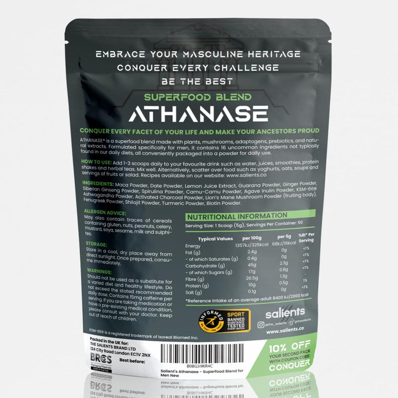 ATHANASE® | Men's Super Greens Powder | Superfood Powder Blend | Includes Maca Root, Guarana, Ashwagandha, Lions Mane (Whole Fruiting Body), Shilajit, Fenugreek & More | 250g UK 250 g (Pack of 1)