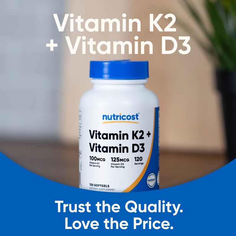 Nutricost Vitamin K2 (MK7) (100mcg) + Vitamin D3 (5000 IU) 120 Softgels - Gluten Free and Non-GMO (Pack of 2) 120 Count (Pack of 2)