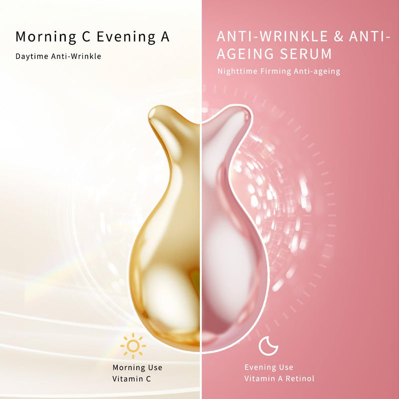 Vitamin C & Retinol Serum Capsules Set – 30 pcs VC for Morning + 30 pcs VA for Evening - Anti-Aging & Anti-Wrinkle Skincare Face Serum - Smooth Fine Lines Hydrate & Firm Skin - Travel-Friendly Vitamin C + Retinol