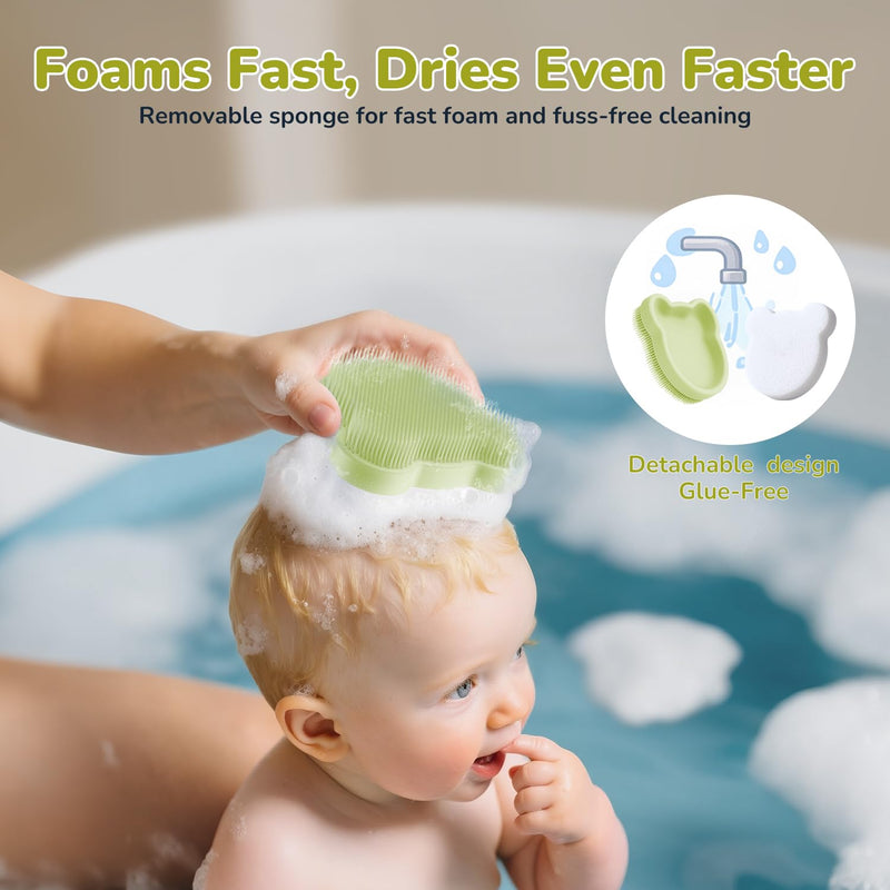 [Australia] - Cloud Baby Cradle Cap Brush Kit, 3-in-1 Cradle Cap Treatment Set with Soft Brush, Curved Comb & Sponge, BPA-Free, Easy to Use | Baby Bath Essentials - Extra Sponge, Serene Green 