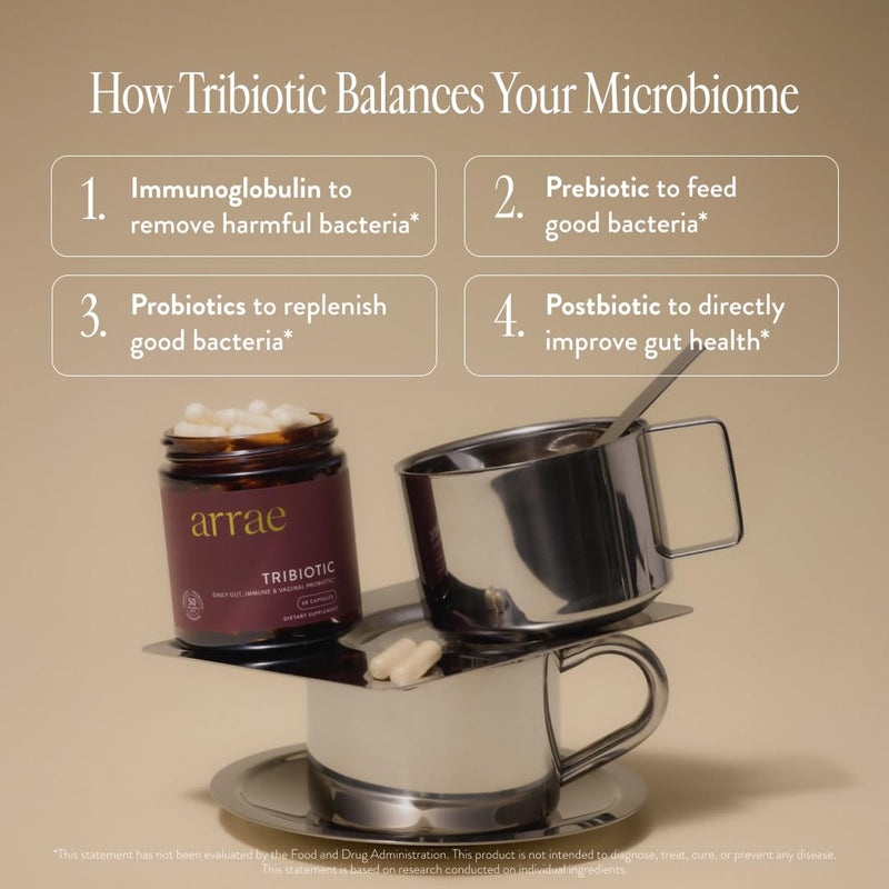 [Australia] - Arrae Tribiotic, Probiotics for Women, Support for Vaginal pH Balance, Gut, Immune, and Feminine Health, Prebiotics, Probiotics, Postbiotics, 60 Count 