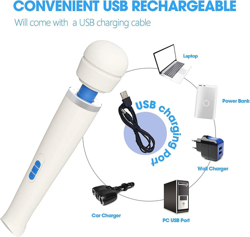 Therapeutic Cordless Massager - Powerful Massage Tool Handheld 8 Speeds 20 Patterns - Rechargeable Hand Massagers for Sore Muscles - Hand Held Massage Tool for Neck & Back White/Blue