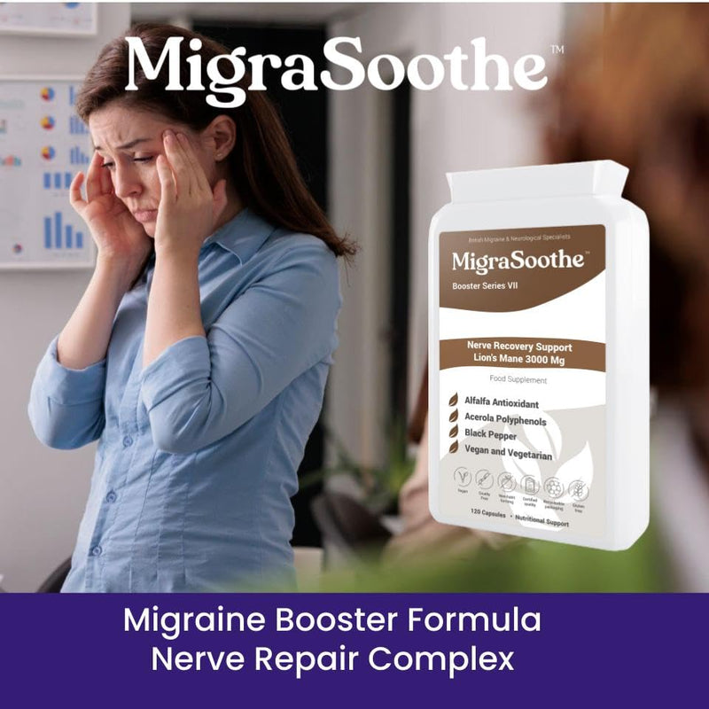 Migraine MigraSoothe Booster Series VII Lion's Mane 3000 Mg Migraine Nerve Recovery Repair Support UK Made and Allergen Free - 120 Capsules