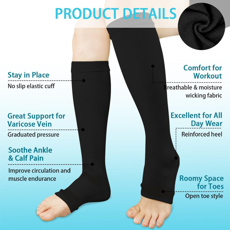 [Australia] - ACWOO compression stockings for women and men, 2 pairs of support stockings, medical compression socks with 15-20 mmhg thrombosis stockings, open toe compression socks for running, sports, flights, cycling (black) 2 pairs - one size black 