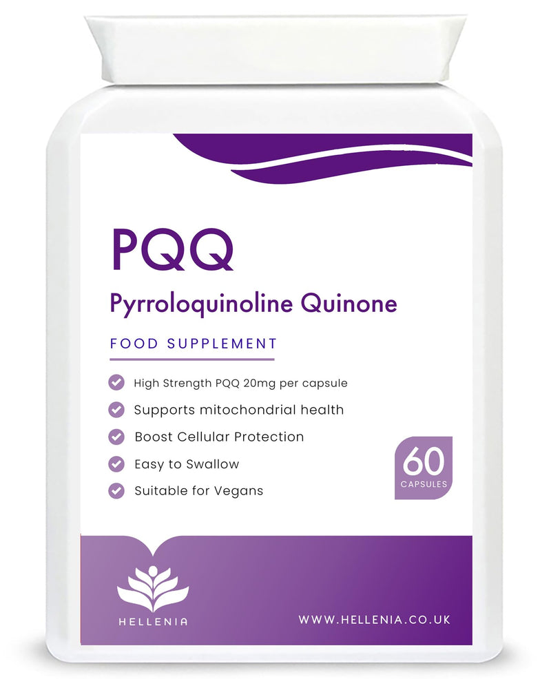 PQQ Supplement 20mg | Pure Pyrroloquinoline Quinone - High Strength | 60 Vegan PQQ Capsules | Energy, Brain, Cell Health, Mitochondria & Anti-Ageing Support | 2-Month Supply Made in the UK by Hellenia