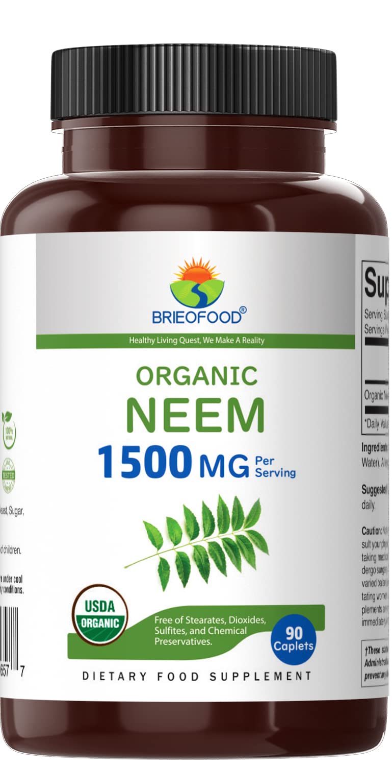 [Australia] - Brieofood Organic Neem 1500mg, 45 Servings, Vegetarian, Gluten Free, 90 Vegetarian Tablets 