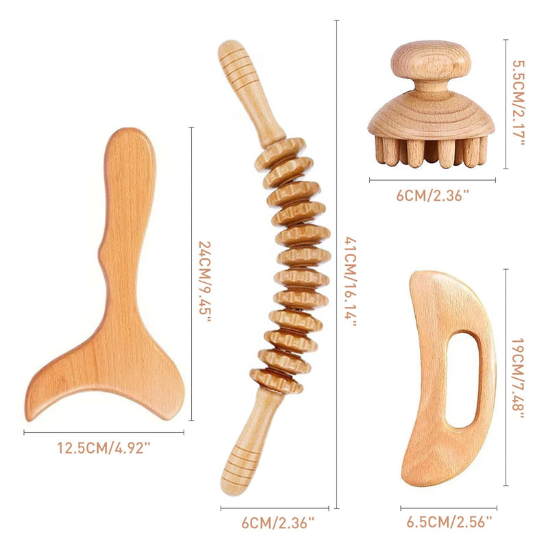 [Australia] - Wood Therapy Massage Tools 4 in 1, Lymphatic Drainage Massager, Wooden Maderoterapia Kit Body Sculpting Tools for Muscle Pain Relief, Anti-Cellulite Body Shaping 