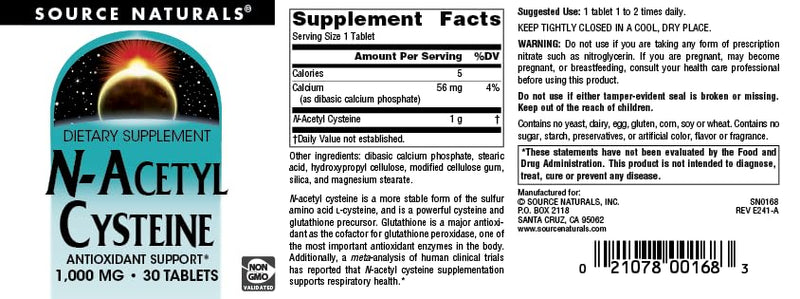 [Australia] - Source Naturals N-Acetyl Cysteine Antioxidant Support 1000 mg Dietary Supplement That Supports Respiratory Health* - 30 Tablets 30 Count (Pack of 1) 