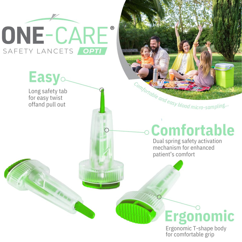 [Australia] - 200 Count: ONE-CARE Opti Safety Lancets, Top Button Activated, 30G x 1.5mm, Auto-Retractable, Sterile, Single Use, Ideal for Blood Testing, Ultra-Thin for Comfort 