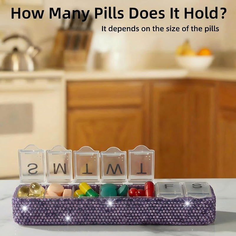 Weekly Pill Organizer 7 Day Small Pill Case Medicine Holder Daily Pill Box Bling Vitamin Container Medication Cases Organizers(Purple) Purple