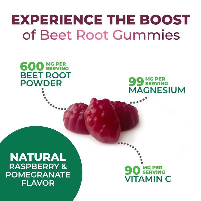 Beet Root Gummies - Super Food Beets Gummy for Energy, Heart Health, Nitric Oxide, & Circulation Support - Beet Chews Supplement with Beetroot Powder & Vitamin C - Vegan - Berry Flavored - 60 Gummies