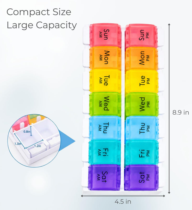 Weekly Pill Organizer 2 Times a Day, 7 Day AM PM Pill Box with Easy Push Button, Separate Morning & Evening Trays, Large Capacity Medicine Organizer for Vitamins, Fish Oil & Supplements, BPA-Free