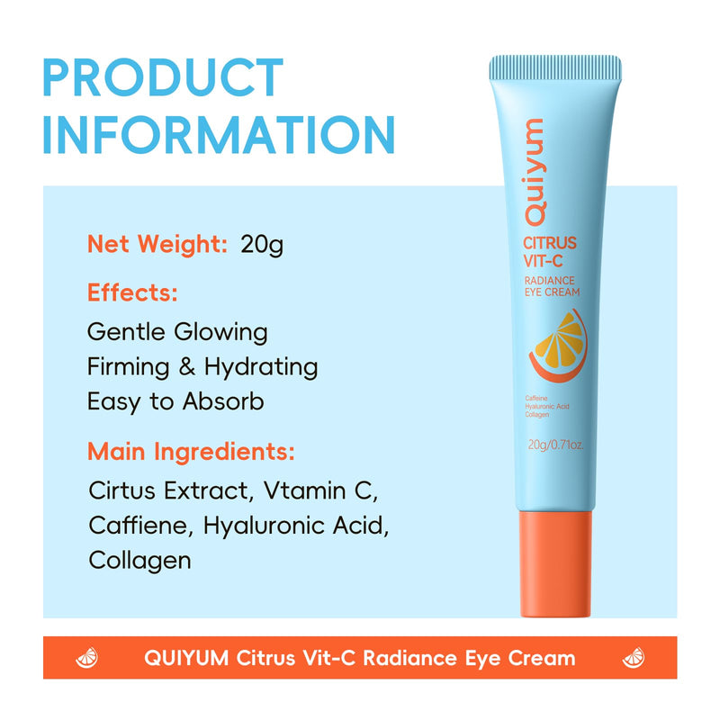 QUIYUM Citrus Vitamin C Eye Cream, for Dark Circles and Puffiness, 0.71 Oz | Glowing Eye Moisturizer with Caffeine, Hyaluronic Acid & Collagen, Under Eye Cream to Smooth Fine Lines, Non-Greasy
