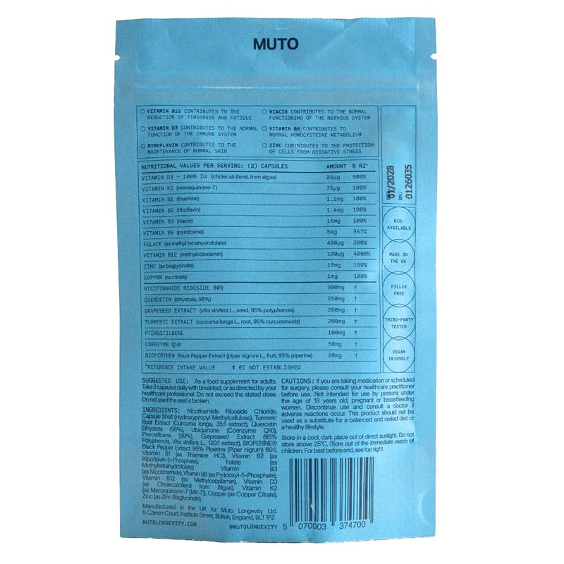 MUTO NAD+ Cellular Complex Supplement - 60 Capsules UK Made - Increase NAD Levels - Enhance Anti Aging - Increase Energy Levels - Improve Sleep Quality - Pure, Clean, Backed by Science - Vegan & GF